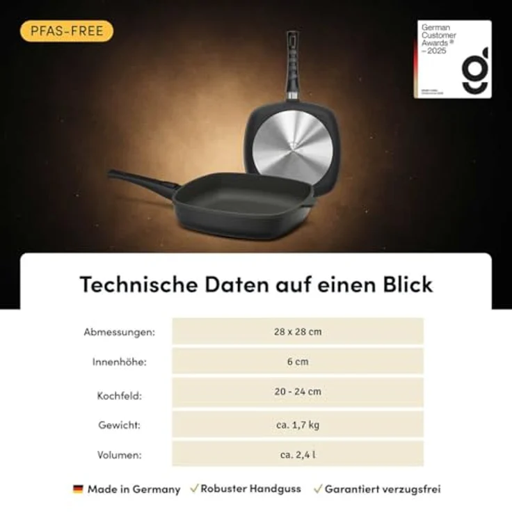 Hoffmann Germany STONIQ Viereckpfanne 28×28 cm, PFAS-frei mit Glasdeckel, Induktion, abnehmbarer Griff, backofenfest bis 300°C, 2,4 l – Bild 3