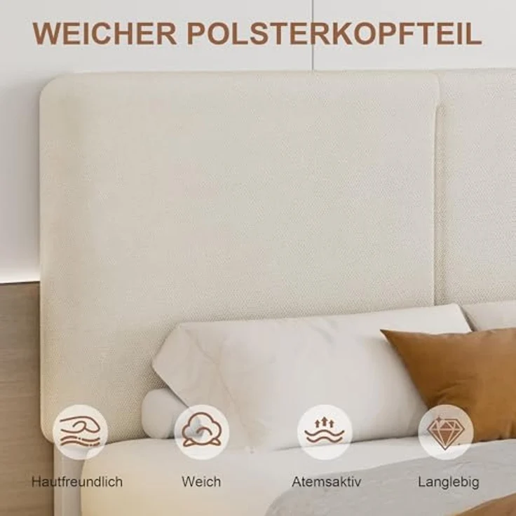 VECELO Polsterbett 140x200 cm, Doppelbett mit Höhenverstellbarem Kopfteil, Baumwoll Leinen Stoff, Stabiler Lattenrost, Geräuscharm und Einfach montierbar, für Schlafzimmer und Gästezimmer, Beige – Bild 3