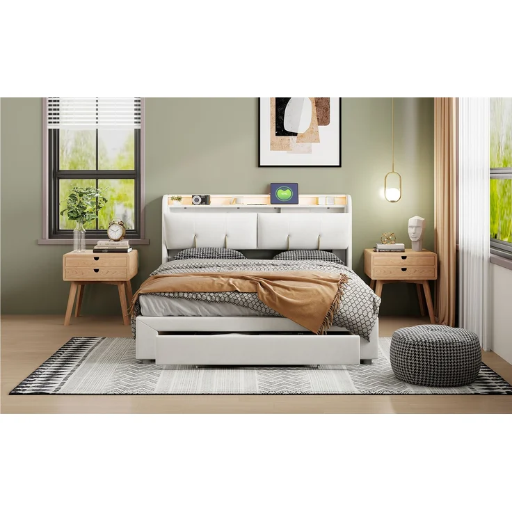 Pressure bed with storage function, light strip and USB charging port, double bed 160 * 200cm beige velvet European standard charger – Bild 9