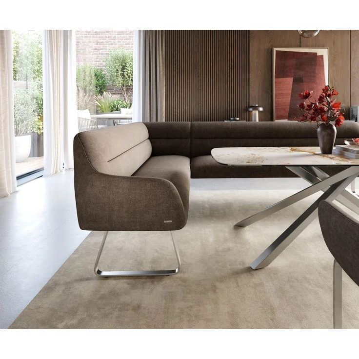 Esszimmerbank Taya-Flex 285x190 cm Strukturstoff Soft Taupe Kufengestell flach Edelstahl Taschenfederkern Rechts – Bild 5