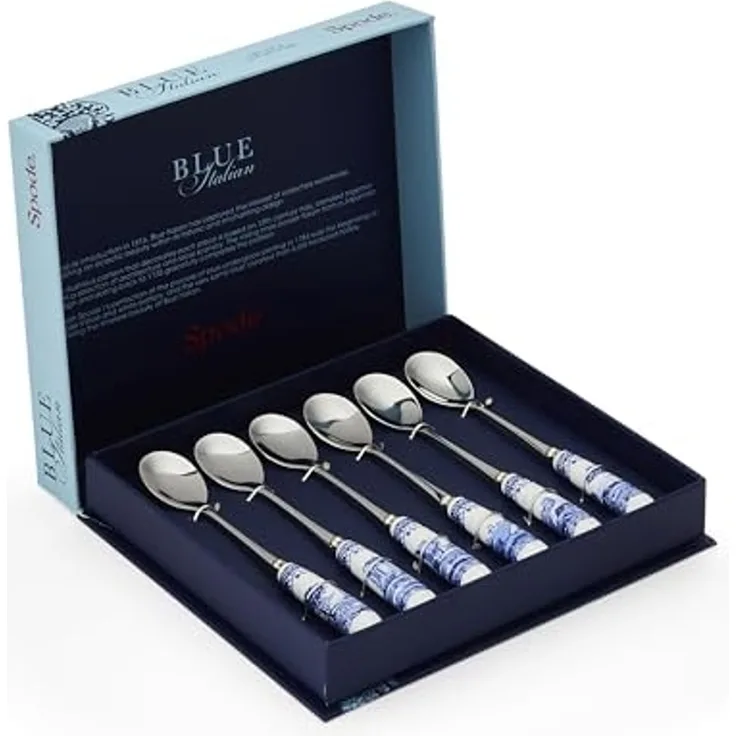 Blue Italian Teelöffel, 15 cm, Porzellan und Edelstahl, Blau-Weiß, 6 Stück
