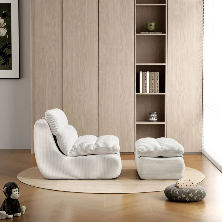 Beanbag Sofa aus Cord mit Fußhocker, 101x81x75 cm, Weiß – Bild 10