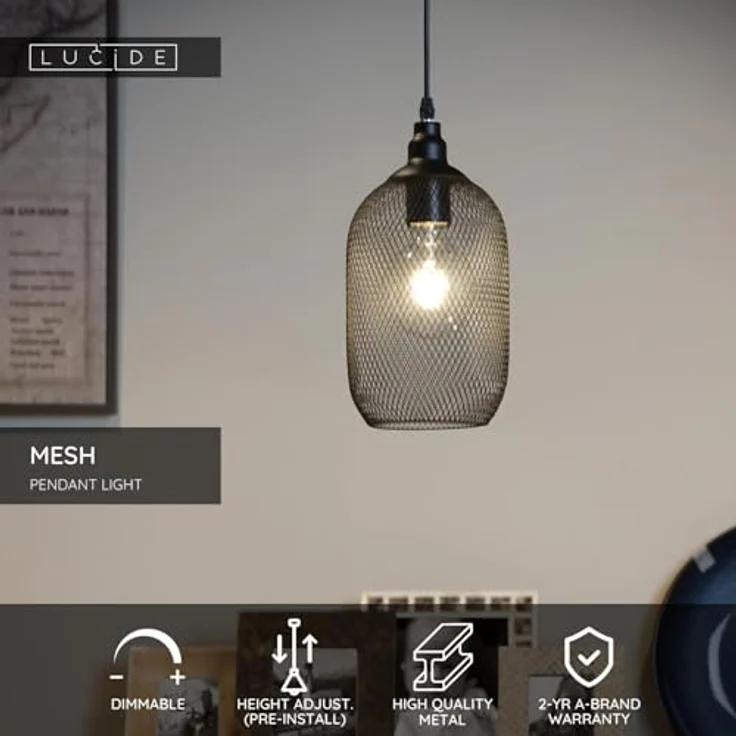 LUCIDE MESH, Pendelleuchte Ø 15 cm, verstellbar, 1xE27, Schwarz, geeignet für LED-Lichtquelle – Bild 3