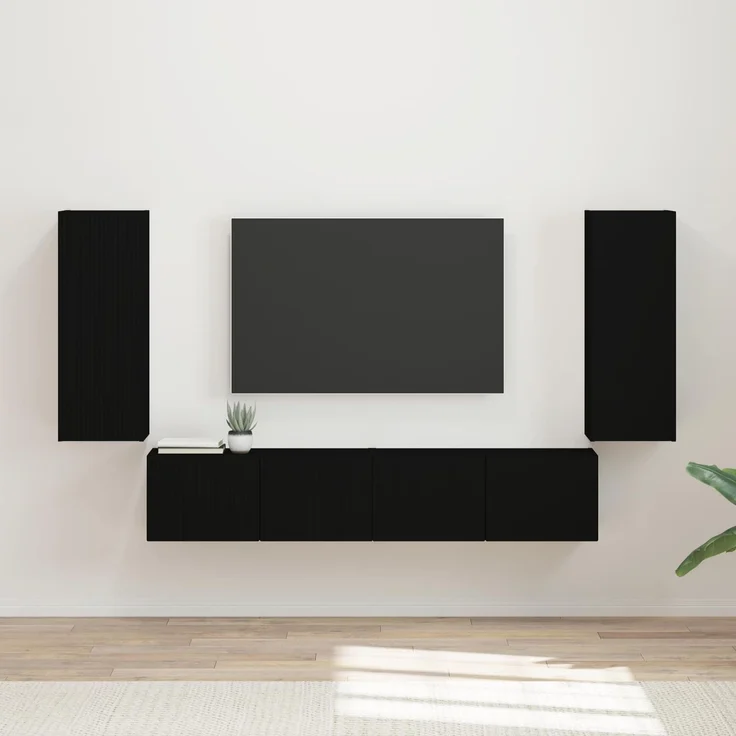 vidaXL TV-Wandregal-Set Wandmontiert 4 pcs Schwarz Holzwerkstoff 3408917 – Bild 1