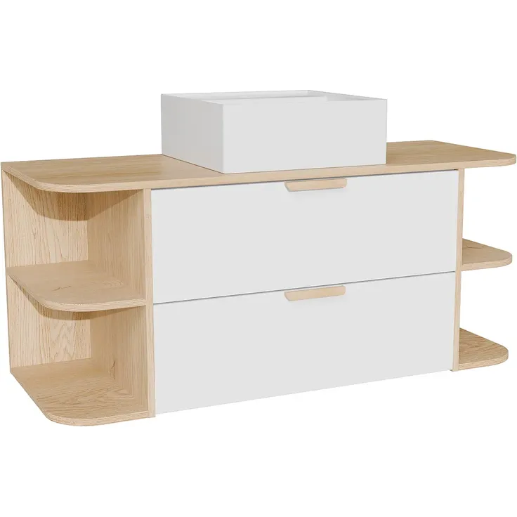 Vente-unique - Waschbeckenschrank hängend mit Nischen und quadratischem Aufsatzwaschbecken - Weiß und Naturfarben hell - B120 cm AVORELI