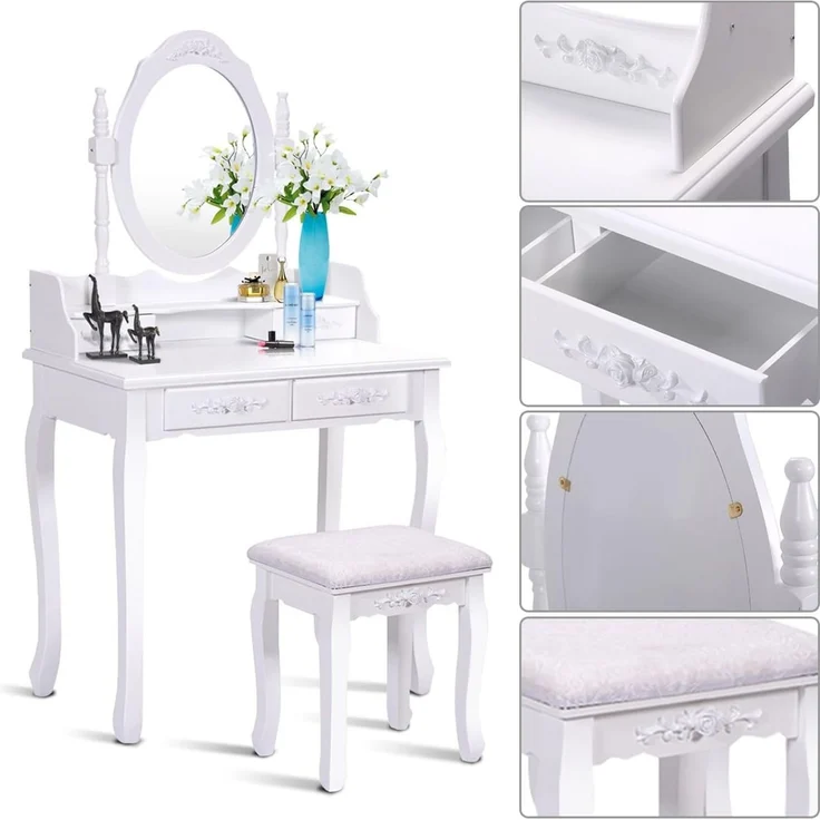 COSTWAY Schminktisch Frisiertisch Frisierkommode Kosmetiktisch Schminkkommode mit schwenkbarem Spiegel und 4 Schubladen inkl. Hocker weiss – Bild 4