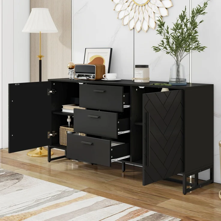 Merax Kommode, Schwarzes elegantes Sideboard mit Fischgrätenmuster, mit 2 Türen und 3 Schubladen für Esszimmer, Küche und Wohnzimmer – Bild 3