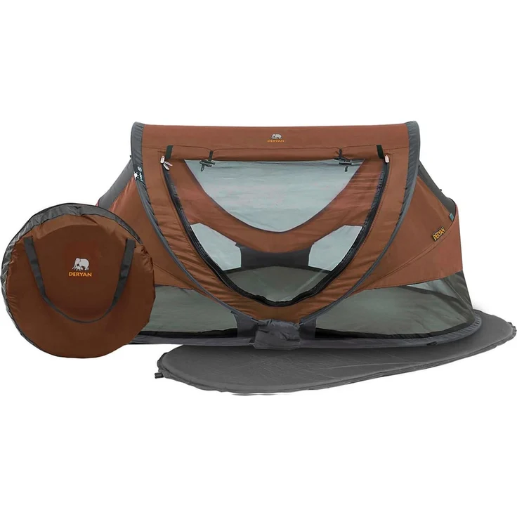 Deryan Kleinkind Reisebett mit Matratze ab Geburt bis 4,5 Jahre - Pop Up Kleinkindbett Babyzelt in 2 Sekunden aufgestellt - inkl. Moskitonetz & Reisetasche - 136x84x62cm (Caramel)