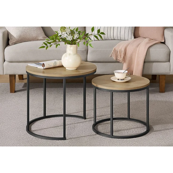 Home Collective Couchtisch 2er Set Beistelltisch Loft Design 2in1 Verschachtelung Wohnzimmer, kratzfeste 53cm und 43cm Sonoma Eich, schwarzen Beinen, Rund – Bild 1