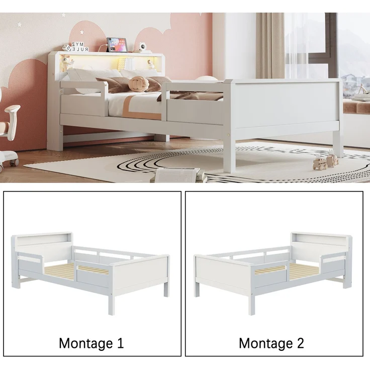 EINHOM Holzbett 90 x 200 cm, USB- und Tape-C-Kombi-Steckdose, Kleine LED-Leuchte, Kopfteil mit Ablagefunktion, Kinderbett, Einzelbett, Multifunktionsbett, Kiefernholz, Weiß, (Ohne Matratze) – Bild 6