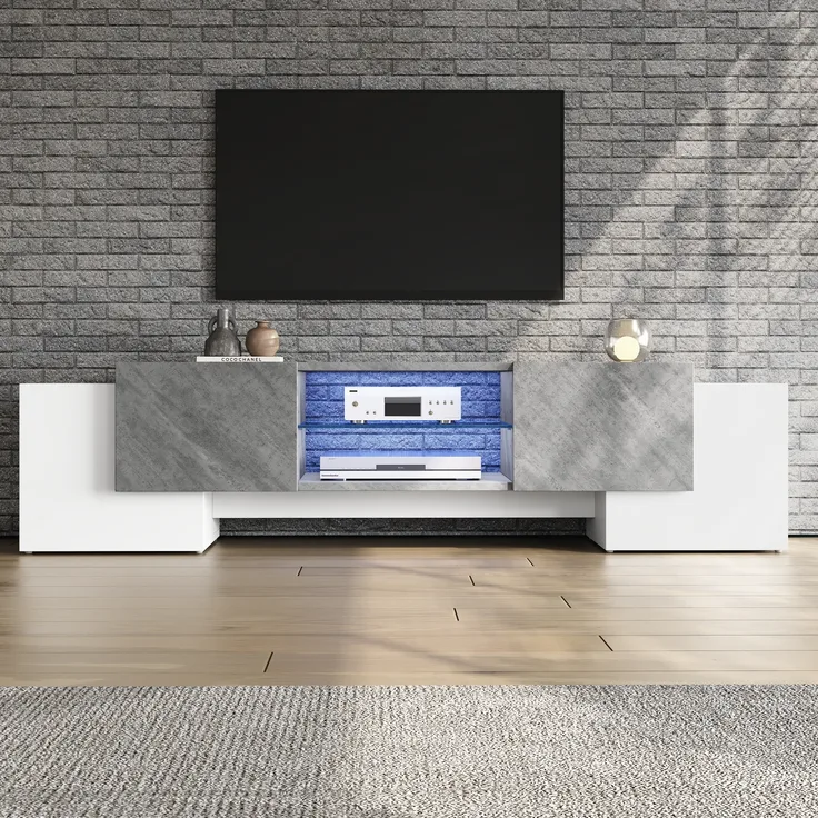 TV-Schrank Lowboard aus MDF mit Bluetooth-LED, 4 Türen & gehärtetem Glas, 180x40x46,5 cm, Weiß/Grau