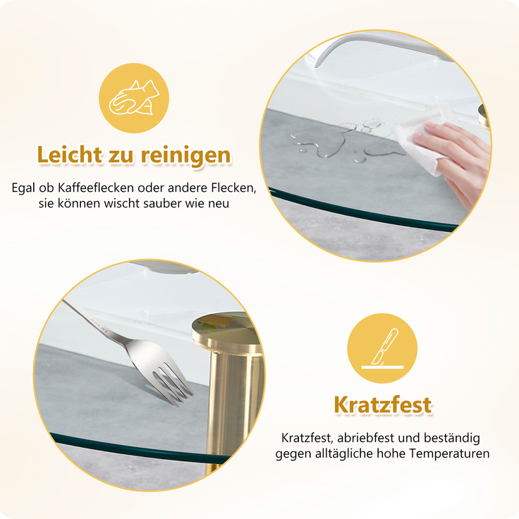 Flexibles Bar-Set: 89 cm Glastisch + 2 Hocker mit goldfarbenen Beinen, höhenverstellbar & drehbar, • Transparente Optik • 360°-Drehung • Vielseitig nutzbar, Schafft visuelle Weite und spart Platz.--Gold, Transparent--93x93x6cm--YOUDENOVA – Bild 8