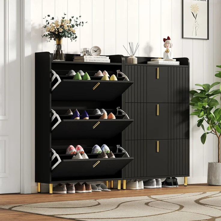 Schuhschrank Set 2-teilig 160x23x123,5 cm mattschwarz gold Metallfüße 3 Türen verstellbare Böden – Bild 2