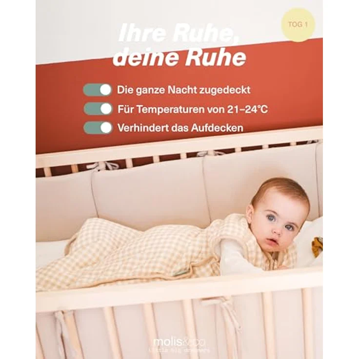 molis&co - Baby Schlafsack ärmellos - Ideal für Frühling und Herbst - Babyschlafsack 1 tog ohne Ärmel - Leicht gepolstert - Babyschlafsack Neugeborene - Premium Bambu Musselin - Vichy Sand (60 cm) – Bild 6