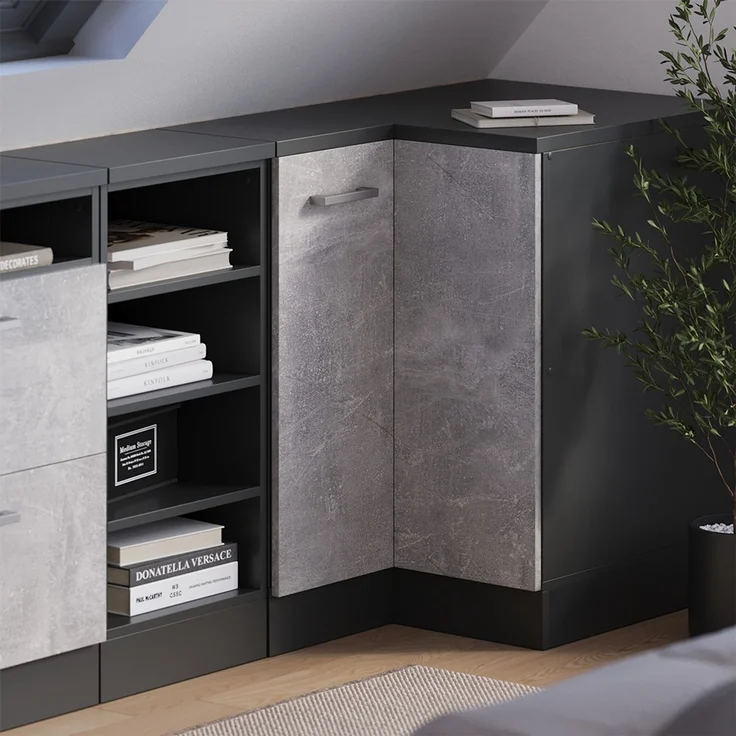 Eck-Küchenschrank für Dachschrägen R-Line Beton 75.6 cm mit 1 Tür, Schrankkorpus 60 cm Tiefe Vicco – Bild 4