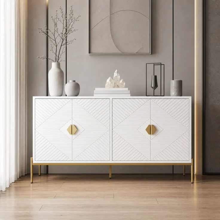 DESVIAE Sideboard mit 4 Türen und Metallbeinen 162x80x40 cm MDF/Spanplatte Weiß – Bild 2