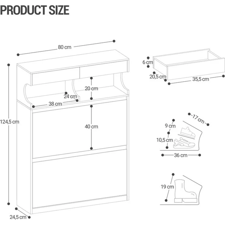 Hzuaneri Schuhschrank für 16 Paar, verstellbar, Holz schwarz, 80 x 24,5 x 124,5 cm – Bild 7
