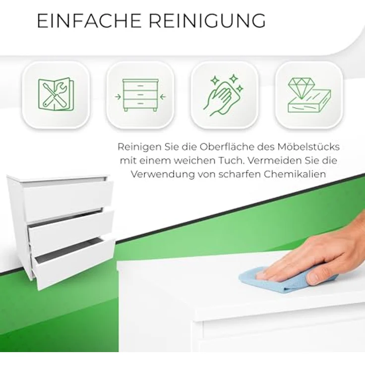 CDF Kommode mit Schublade Weiß Schrank Schubladenschrank 3 Schubladen Malm Kommode viel Stauraum Geeignet für Wohnzimmer Schlafzimmer Komodenschrank Organizer Kleidung 40T x 70B x 75H cm – Bild 7