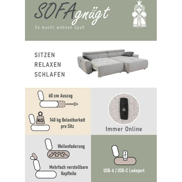Jockenhöfer Gruppe Ecksofa Unos L-Form, B: 299 cm, mit 60 cm elektr. Sitztiefenverstellung, 140kg Belastbarkeit, USB-Anschluss, Kopfteilverstellung & Zierkissen – Bild 4