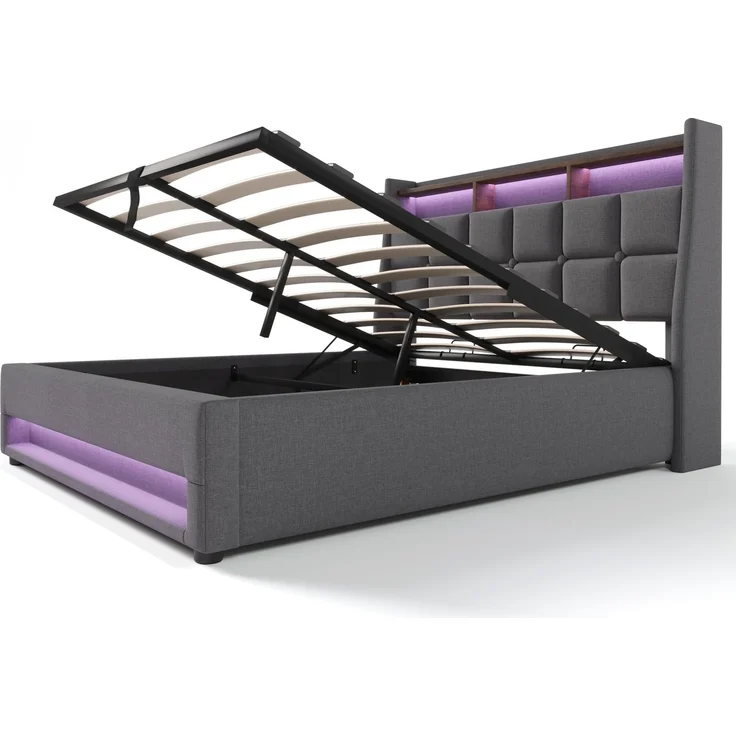 EINHOM Polsterbett mit USB 140 x 200 cm, LED Einzelbett mit Lattenrost aus Metallrahmen, Bettgestell aus Leinenmaterial Jugendbett, Grau (Ohne Matratze) – Bild 6