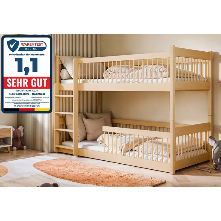 Kids Collective Kinderbett Hochbett Etagenbett 80x180, 90x190, 90x200 cm, umbaubar zu 2 Betten​ (mit abgerundeten Kanten), 90x190 cm von 4. bis 18. Lebensjahr, Natur mit 2 Matratzen​