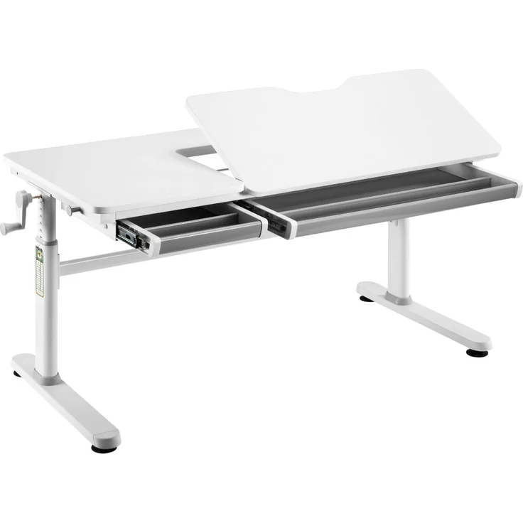 HOKO Kinderschreibtisch höhenverstellbar 54-76 cm, ergonomischer Schreibtisch (für Kinder & Jugendliche, 120x60 cm, neigbare Tischplatte mit Schubladen, stabil & belastbar bis 100 kg, Weiß, Holzfarben) – Bild 1