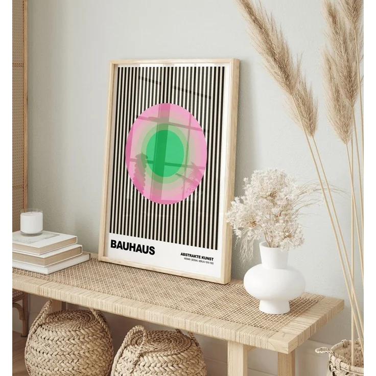 JUSTGOODMOOD Poster Bauhaus Abstrakte Kunst Grüner Kreis mit rosa Ringen auf schwarzen Str, (1 St) – Bild 2