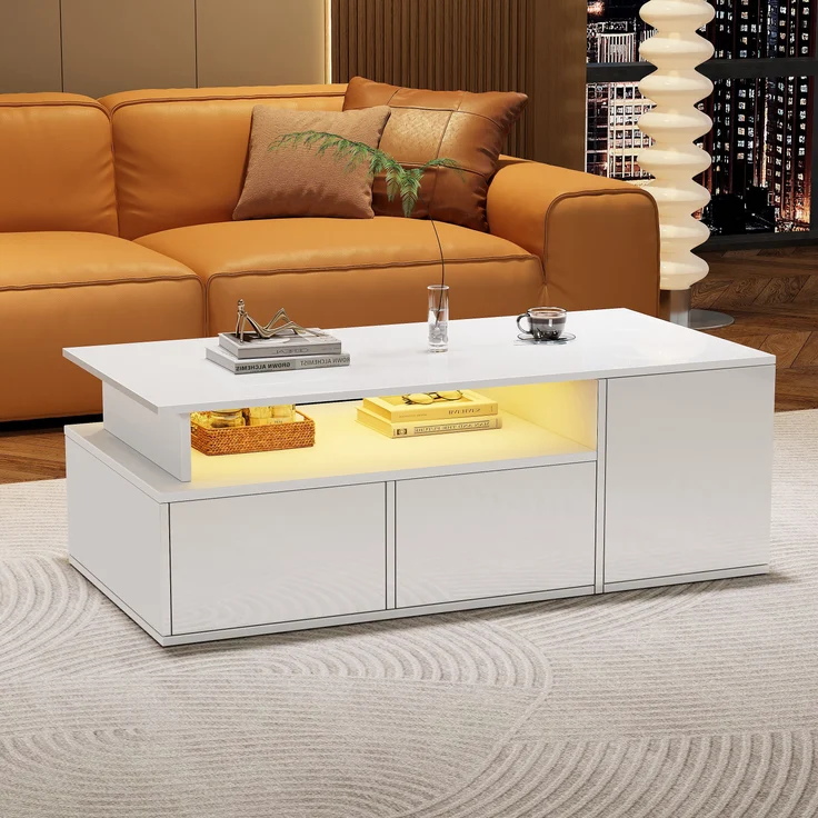 Couchtisch mit LED, 2 Schubladen & 3 seitlichen Fächern, 60 kg Tragkraft, 100x50x35 cm, Weiß – Bild 4