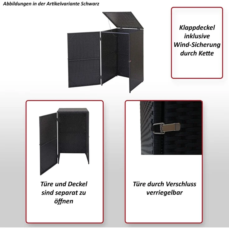 Mülltonnenverkleidung HWC-E25, Mülltonnenbox Mülltonnenabdeckung, Poly-Rattan 120l ~ schwarz – Bild 2