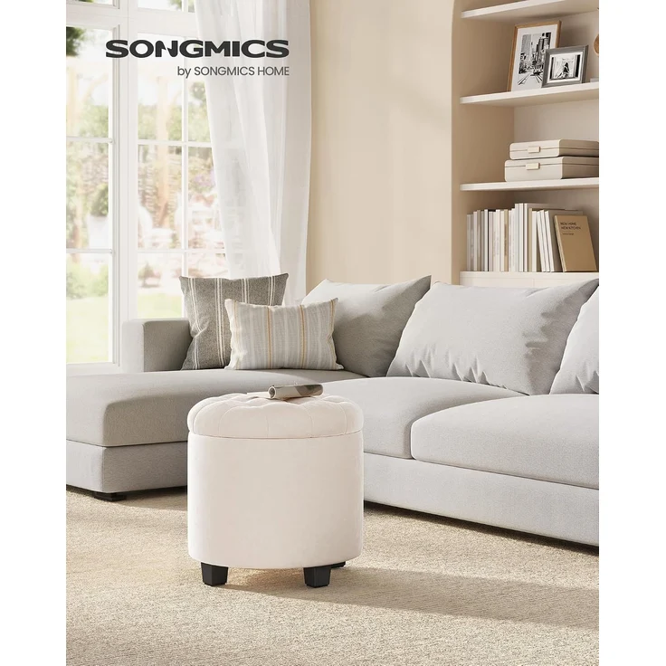 SONGMICS Sitzhocker rund, Fußhocker mit Stauraum, Schminkhocker mit Füßen, 45 x 45 x 44,5 cm, Samt, bis 150 kg belastbar, für Wohnzimmer Schlafzimmer, cremeweiß – Bild 2
