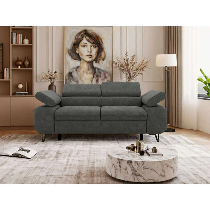 2-Sitzer Polstercouch PETER mit verstellbaren Armlehnen und Kopfstütze, Gepolsterte Couch, Wellenfeder - Dunkelgrau Struktur – Bild 4