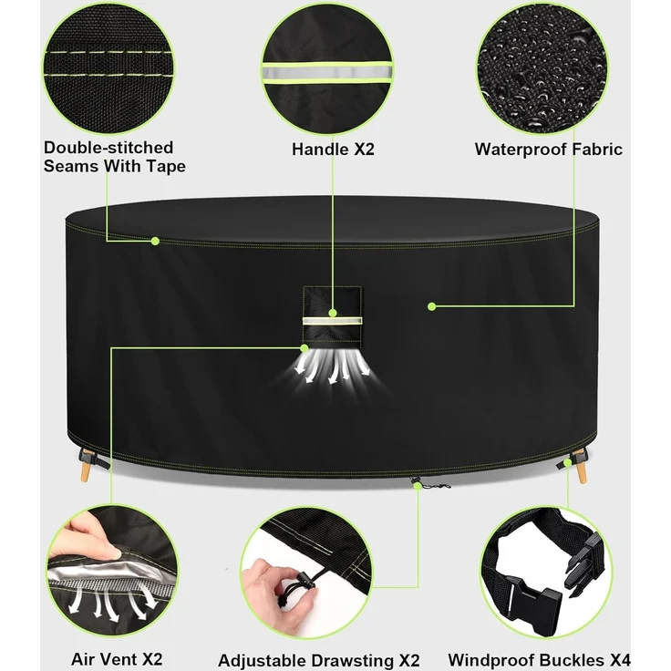 VDISRR Abdeckhaube Gartenmöbel, 420D Oxford Abdeckhauben Für Tische Ø190x74 cm, Gartentische Schutzhülle mit Belüftungsöffnungen Wasserdicht, UV-beständig, Staubfest, Winterfest für Terrassenmöbel – Bild 7