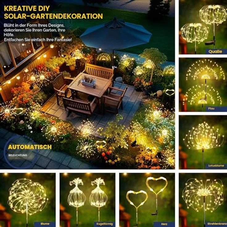 GIGALUMI Pusteblume Solarleuchten, 4 Stück mit 120 LEDs, Wetterfest für Balkon und Terrasse, flexible Kupferdraht-Dekoration – Bild 2