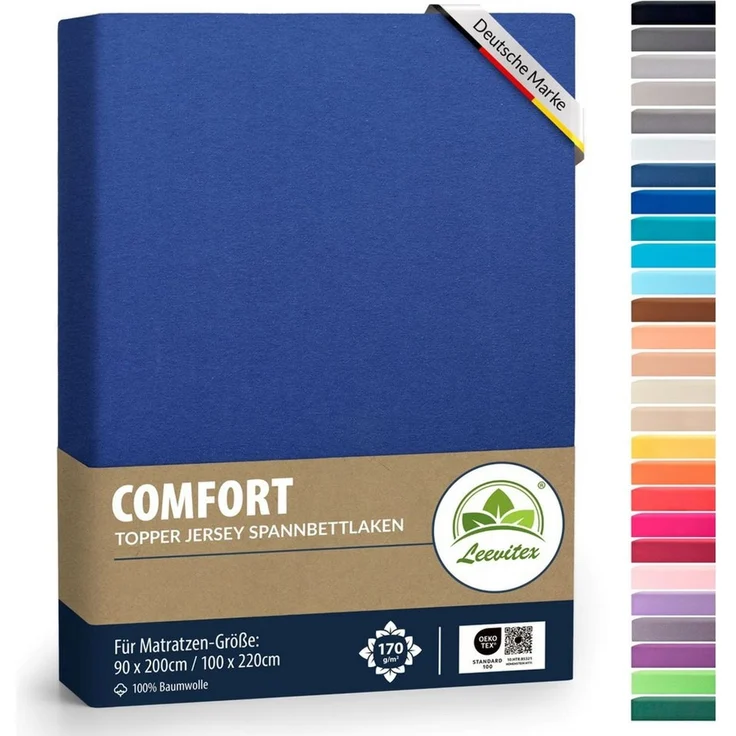 leevitex® Spannbettlaken, Premium 170g/m², Gummizug: rundum, schwer und dick, 100% Jersey-Baumwolle, Royalblau / Königsblau, Topper | 90 x 200 - 100 x 220 cm – Bild 1