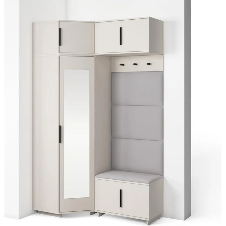 Garderoben-Set Napoli Version 19: Eckschrank mit Polsterpaneelen, Schuhschrank und Schrankaufsatz Flur und Eingangsbereich (Cashmere/Trinity 14), 229 x 70 x 140 cm
