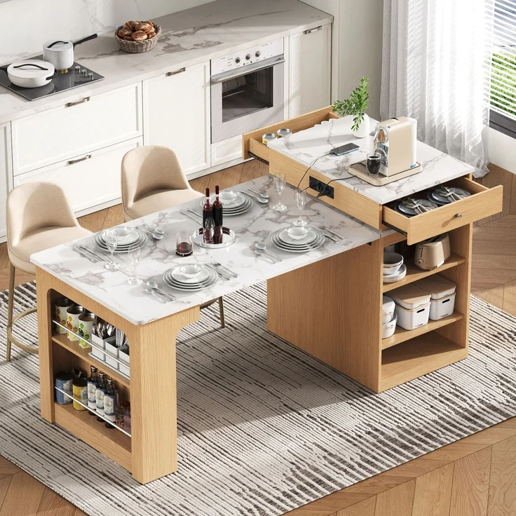 Merax Kücheninsel mit Rollen, Ausziehbarer Esstisch mit abnehmbarer Tischplatte, Bartisch mit Steckdosenleisten, dient als Kücheninsel, Anrichte, Sideboard oder Bartisch für Küche und Esszimmer (Natur) – Bild 1