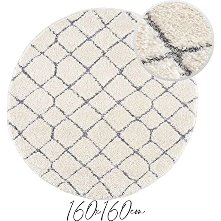 Teppich Rund - Hochflor - Boho - Pastell Cream Grau - 160x160cm - Modern Raute Muster - Skandinavisch Flauschig Weich - Wohnteppich Schlafzimmer Dekoration – Bild 5