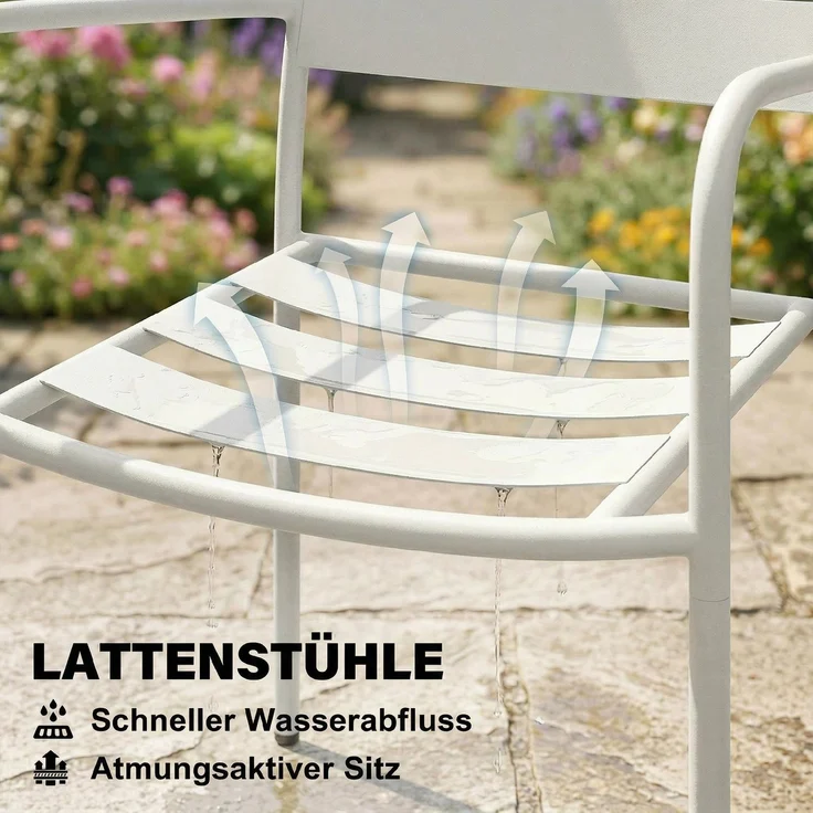 Bistroset 3 teiliges Metall Gartenmöbel-Set mit 2 Gartenstühlen, Glastisch, Lamellen-Design, Rostbeständig--Weiß--82x58x55cm--YOUDENOVA – Bild 8