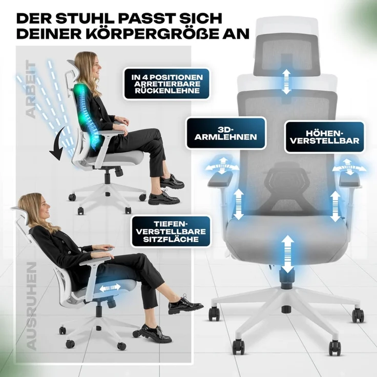 VALKENSTOL M3 Pro Bürostuhl Ergonomisch Testsieger mit verstellbaren Armlehnen | bequemer Schreibtischstuhl mit Lendenwirbelstütze Rückenschonend | Bürostühle verstellbare Sitztiefe gesundes Sitzen – Bild 4