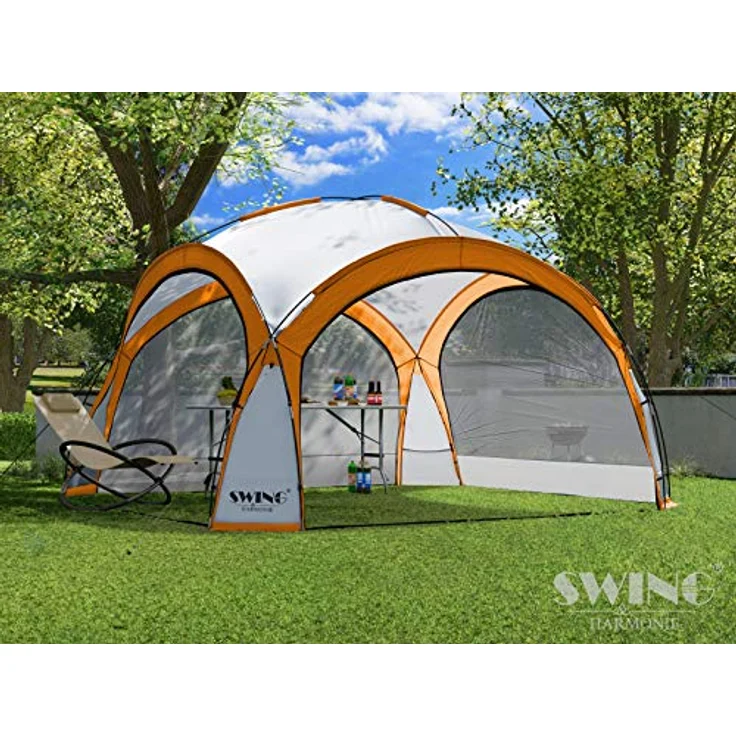 Swing & Harmonie LED Event Pavillon DomeShelter 3,6 x 3,6m mit Solarmodul, inkl. 96 LEDs, orange, wasserabweisend, UV-beständig, mit Moskito-Netz und blickdichten Seitenwänden – Bild 3
