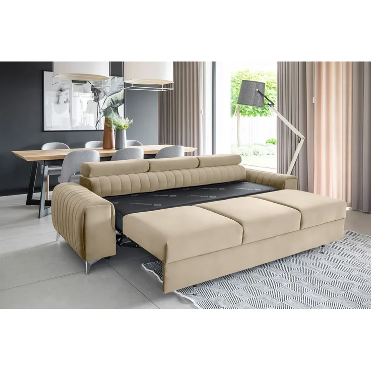 Sofa 3-Sitzer mit Schlaffunktion Schlafsofa ELENI Stoff Monolith Hellbraun – Bild 2