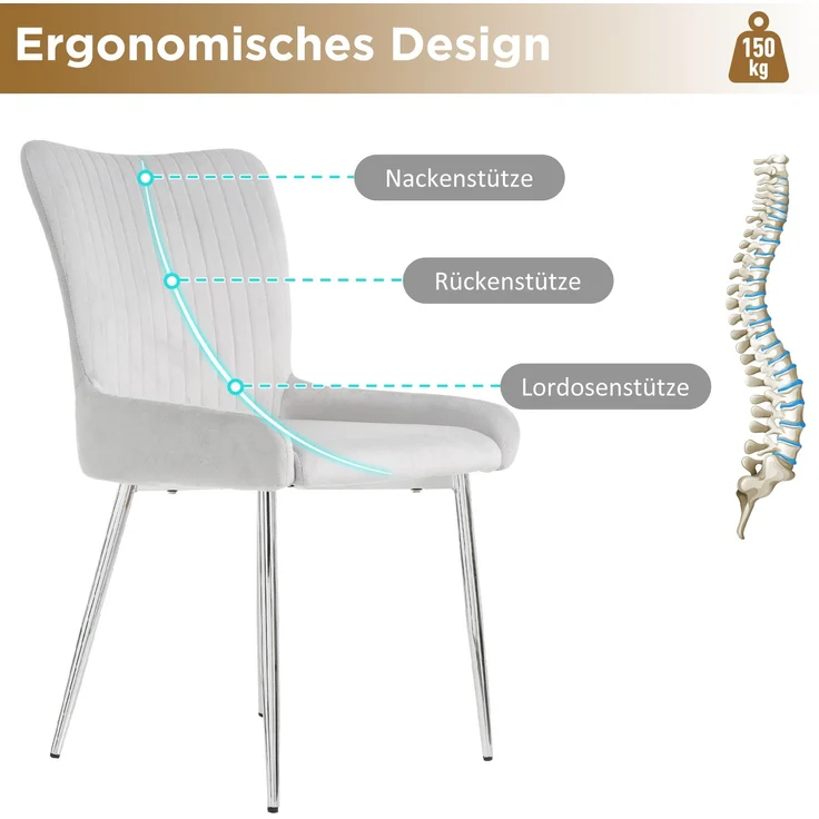 Esszimmerstuhl 2er-Set, Samt mit Metallgestell, 74x58x48 cm, Grau – Bild 5