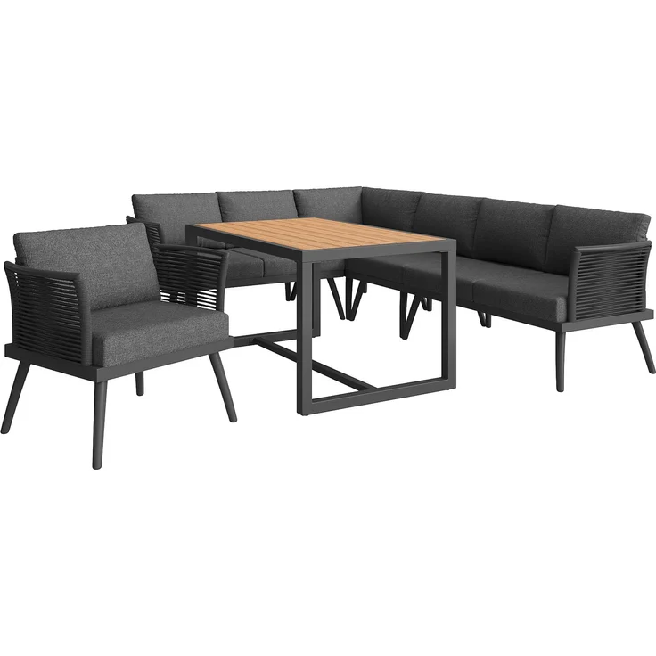 Merax Gartenlounge-Set, 7-Sitzer L-förmiges Gartensofa-Set mit Sessel, geflochtenen Armlehnen, Wetterfeste Eckgarnitur aus Eisen, mit Holz-Couchtisch, Mit Polstern & Kissen, Grau – Bild 9