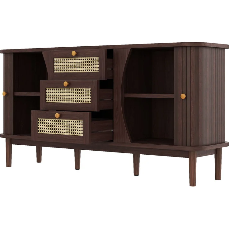 Merax Sideboard, Rattankommode, Kommode mit Schiebetüren, verstellbaren Einlegeböden und abgerundeter Platte, Walnuss – Bild 8