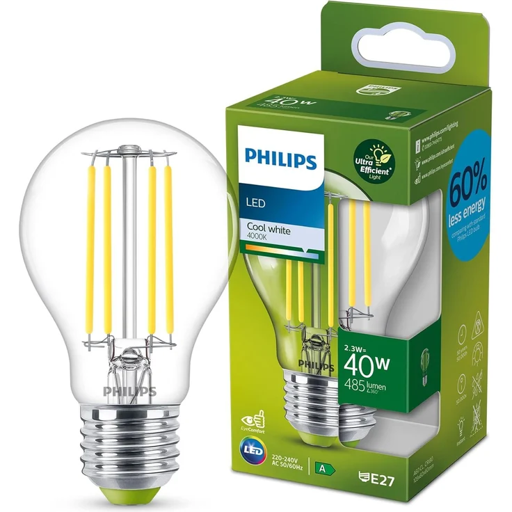 Philips LED Classic ultraeffiziente E27 Lampe, mit Energieeffizienzklasse A, ersetzt 40W, klar, neutralweiß – Bild 1