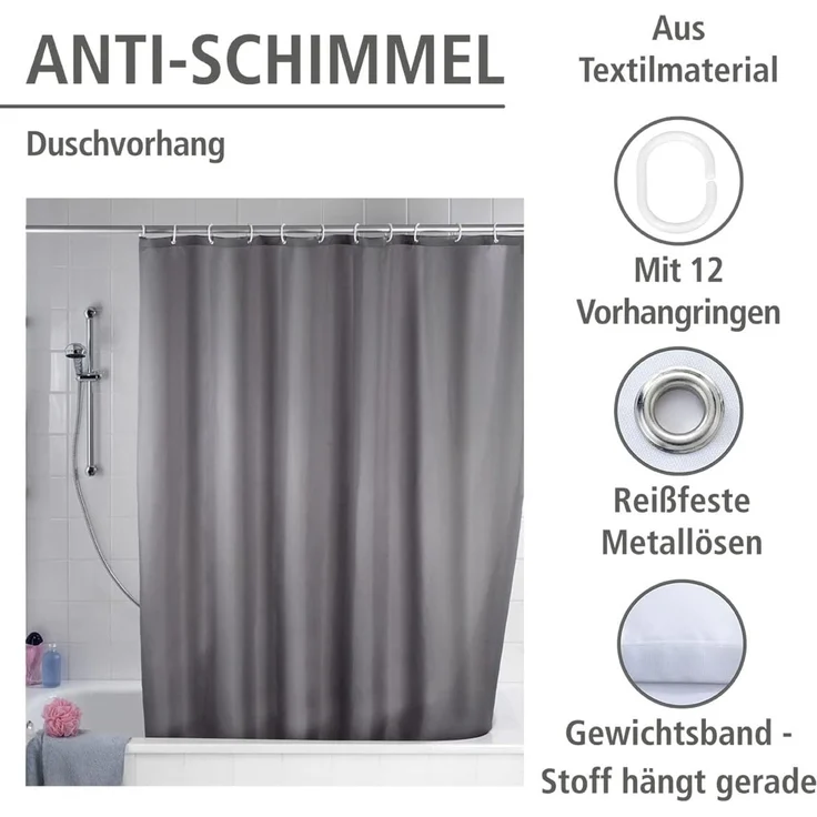 WENKO UNI Duschvorhang 180 x 200 cm, Grau, waschbar – Bild 3