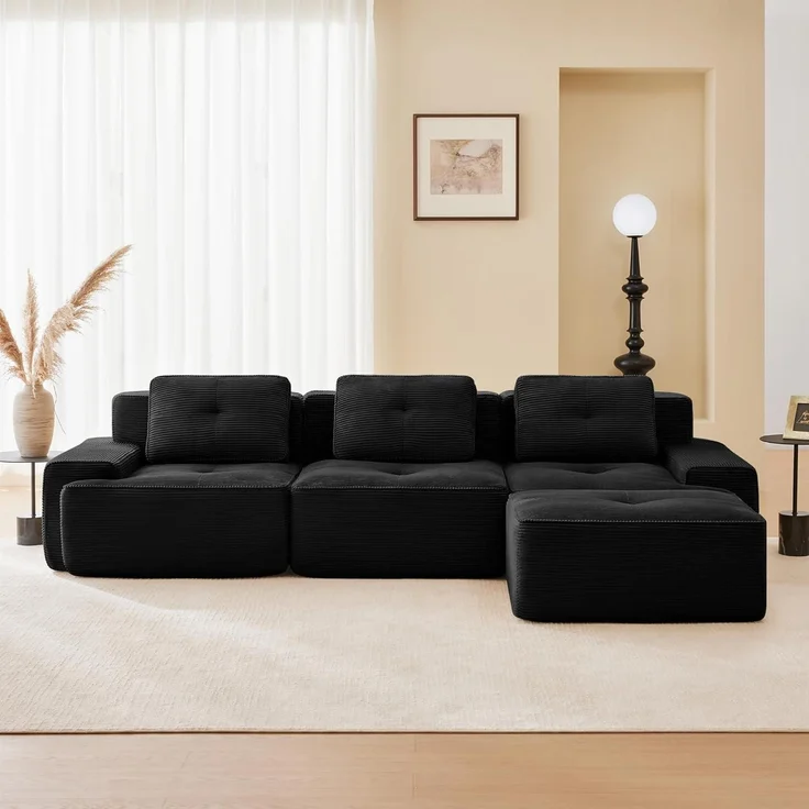 Sofa Ecksofa modular montagefrei Schwarz 3-Sitzer-Sofa + 1 Hockern – Bild 4