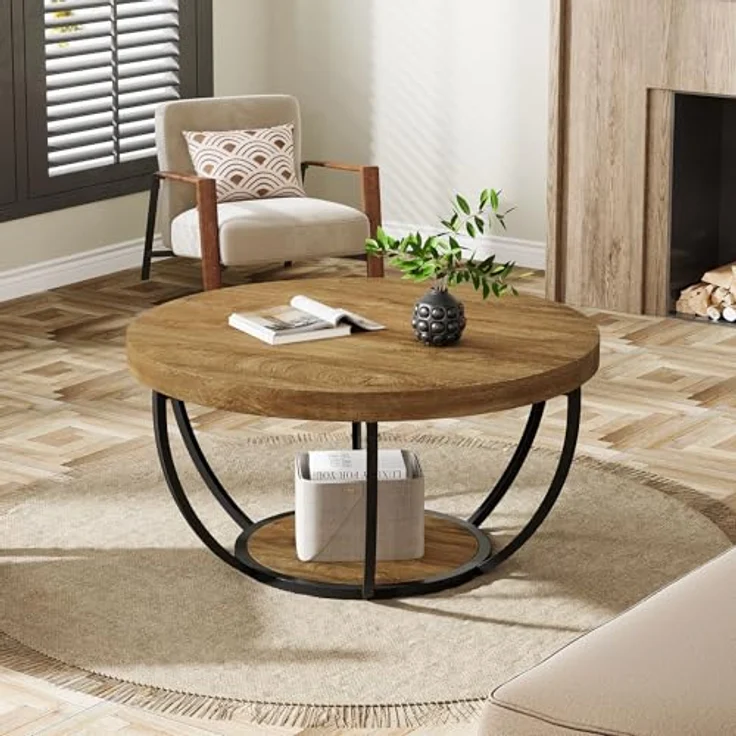 LITTLE TREE Runder Couchtisch, 81,3 cm, runder Couchtisch für Wohnzimmer, 2-stöckiger Holzakzent-Mitteltisch mit offenem Stauraum, Industrie-Design, Wohnmöbel, Hellbraun – Bild 7