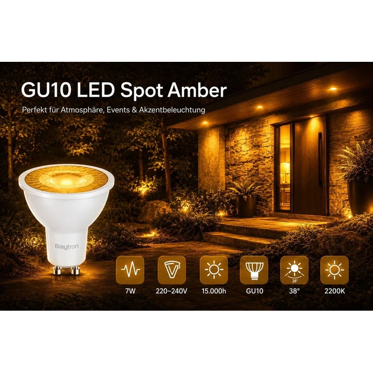 Braytron LED-Leuchtmittel GU10 Rot Blau Grün Spot 7W 38° Deko Party Garten Signal Event Licht, GU10, Amber, Energieeffizient, Flimmerfrei, Langlebig, 2er Set – Bild 2