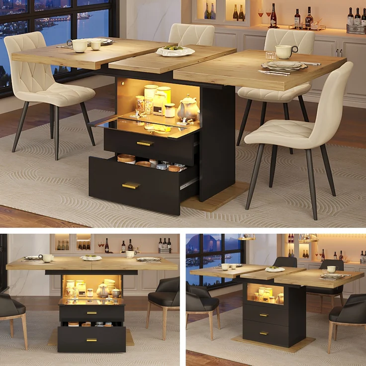Ausziehbarer Esstisch mit LED-Beleuchtung 110/140x80x75 cm, Holzoptik, schwarzer Schrank & 2 Schubladen – Bild 5